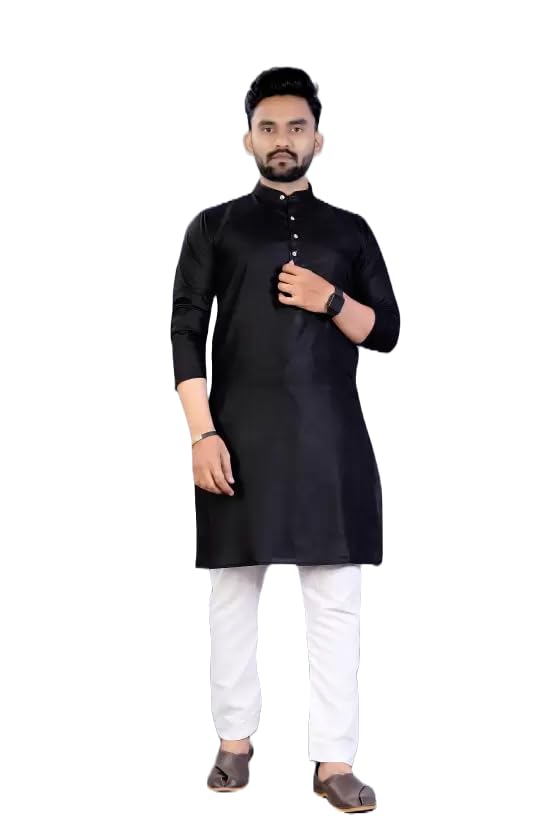 Image of weltpocket Men's Cotton Blend Solid Straight Kurta Pyjama