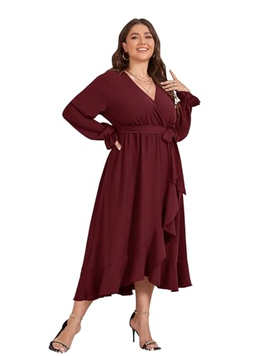 SCOMCHIC Women Plus Size Formal Dresses Fall Long Sleeve Faux Wrap V Neck High Low Ruffle Cocktail Wedding Guest Maxi Dress2