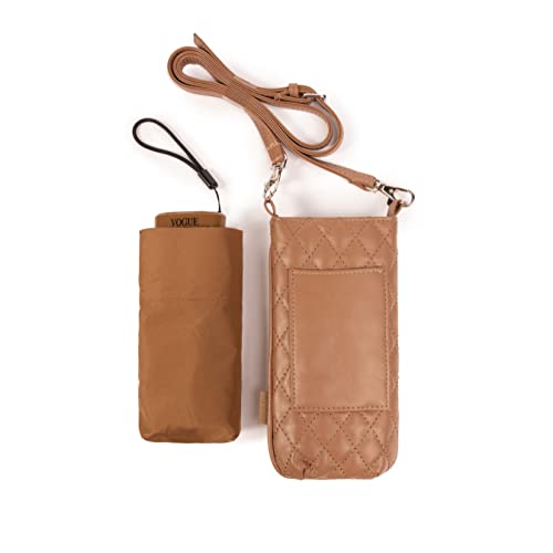 VOGUE Paraguas micromini plegable mujer elegante, fino y ultra ligero. Con bolsito smartphone. Ideal para regalo. Sistema Anti-viento (Wind Proof), Protección Solar UV. Apertura manual. (Marrón)