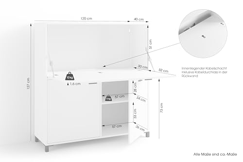 byLIVING Sekretär Montana/Sekretär matt weiß/Office-Schrank mit 1 Klappe und 2 Türen/Schwarze Griffe/B 120, H 127, T 40 cm