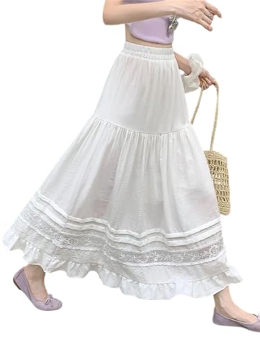 Women Lace Spliced Midi Cake Skirts Summer Loose Preppy Style Big Swing Umbrella Skirt4