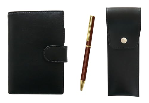 エコB7牛革ミニシステム手帳と丸ボタン式ペンケース黒 木軸回転403ボールペンセット LS002B-BRSB-403