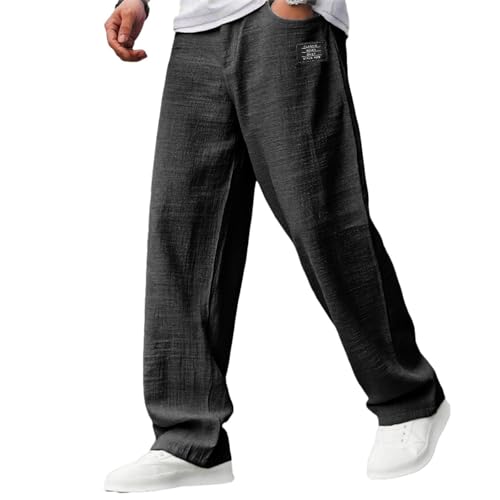 Mokaloha Mens Pants, Men's Casual Hemp Embroidered Logo Drawstring Loose Elastic Waist Pocket Trousers3