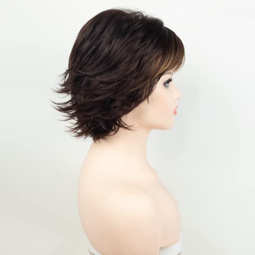 Renershow Brown With Blonde Highlight Wavy Short Pixie Wigs For White Women Natural Looking Synthetic Wig With Bangs Layered Short Haircuts For Daily Party #TOP4