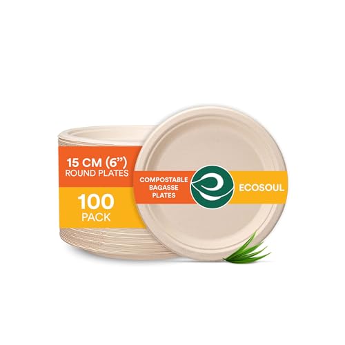 ECO SOUL 100% Compostable 6 Inch Small Paper Plates (100-Pack) Disposable Party Heavy Duty, Eco-Friendly, Appetizer, Dessert, Wedding Plates I Biodegradable Unbleached Sugarcane Eco Plates ECO SOUL 100% Compostable 6 Inch Small Paper Plates (100-Pack) Disposable Party Heavy Duty, Eco-Friendly, Appetizer, Dessert, Wedding Plates I Biodegradable Unbleached Sugarcane Eco Plates