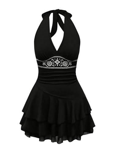 SOLY HUX Women's Summer Halter Backless Mini Dress Flowy Sleeveless V Neck Tie Back A Line Western Casual Sun Dresses Black Printed Large