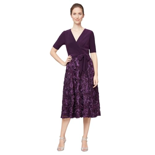 Image of Alex Evenings Women's Tea Length Dress with Rosette Detail