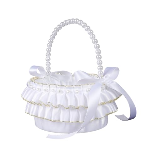 Rulbelok Elegante cesta de novia con detalles de perlas para niñas de flores, recepciones de boda y cesta de flores de aniversario
