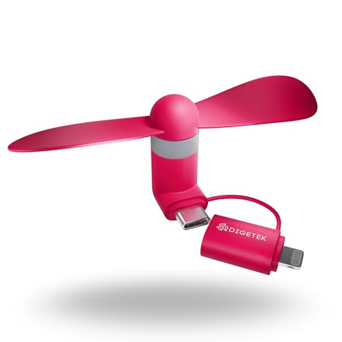 DIGETEK Mini Travel Fan for Smartphone – USB-C & Lightning Cooling Fan, Pocket-Sized, Ultra-Quiet, Compatible with iPhone, Samsung & More (Pink)