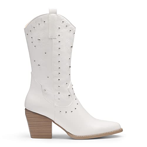 Dream Pairs Women'S Sdmb2207W Western Cowboy Boots Mid Calf Cowgirl Boot Pull-On,White,Size 10 thumb #1