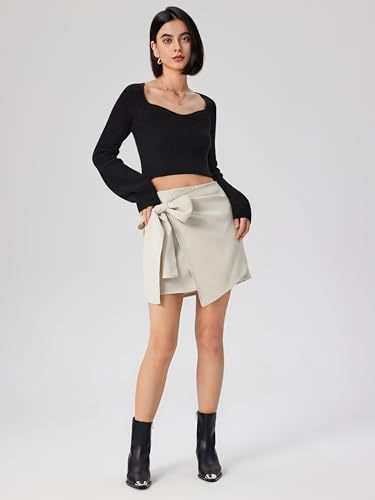 Image of CIDER Women's Crop Top Sweater Square V Neck Lantern Sleeve Cute Rib Knit Pullover