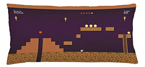 Lunarable Cartoon Throw Pillow Cushion Cover, Retro Video Game Screen Coins Hearts and Level Score, Decorative Rectangle Accent Pillow Case, 36