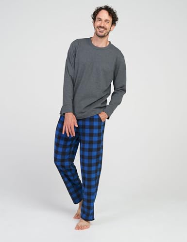 LAPASA Men's Fleece Pajama Set Top Bottom Pants Plaid Shirt Long Sleeves Sleepwear Pocket Lounge Nightwear PJ Warm M1293