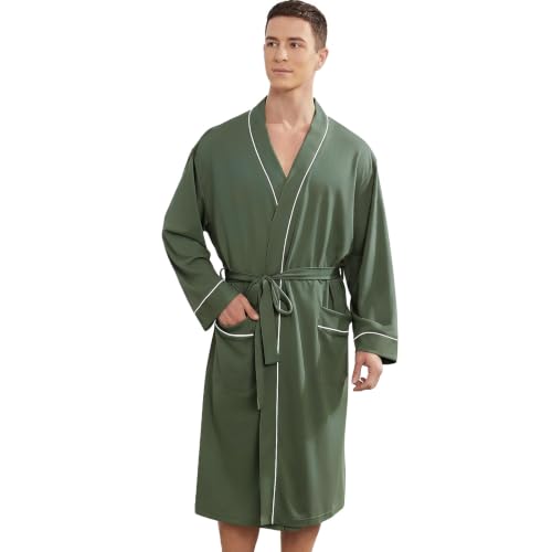 Image of Mens Lightweight Robe, Knit Kimono Bathrobe Spa Sleepwear Soft Knee Length Robe With Pockets