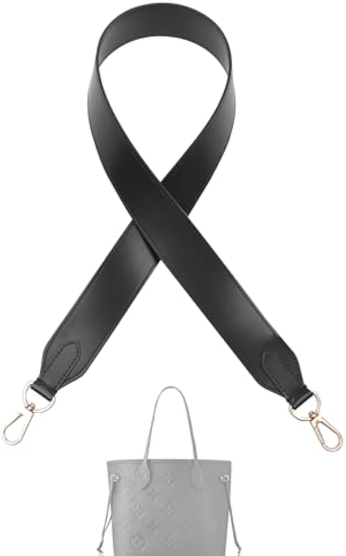 Vachetta Leather Strap for LV Neverfull bag,Double Sided Usable Cowhide Crossbody Purse Strap for Handbag 【1.6inch wide 35.4inch long, Glossy Black】