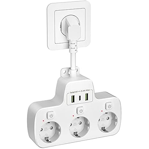 Steckdosenleiste 3-Fach Einzeln Schaltbar, Mehrfachsteckdose Wandmontage mit USB C Steckdosenadapter,Steckerleiste mit Schalter Verteilersteckdose Kindersicherung Steckdosen 0.1m Kabel Weiß Cover
