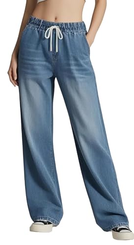 Women's Drawstring Wide Leg Jeans High Elastic Waisted Stretch Frayed Loose Fit Trouser Jeans Denim Pants