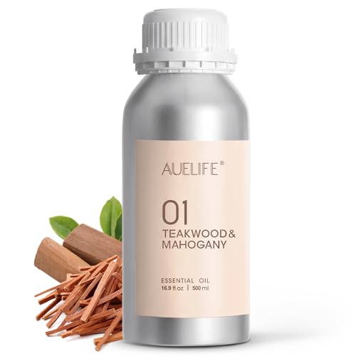 Image of Auelife 16.9oz (500 ml) Teakwood & Mahogany Essential Oils for Diffusers for Home, Large Aluminum Bottle Fragrance Oil for Candle & Soap Making, Aromatherapy Oil for DIY Scents & Home Fragrance