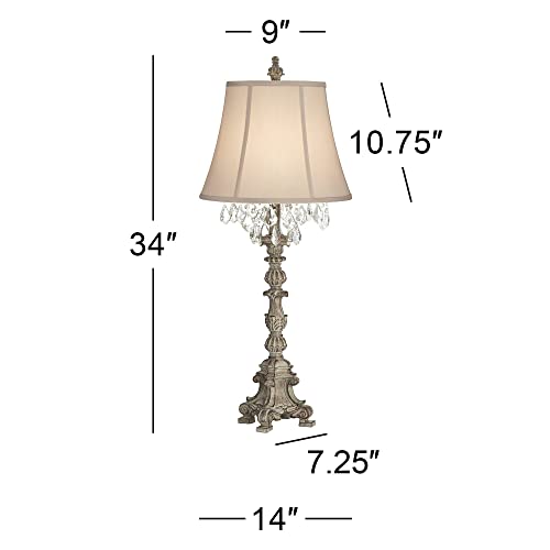 Barnes And Ivy Duval French Country Cottage Table Lamp 34" Tall Crystal Distressed Antique White Candlestick Beige Bell Shade Decor For Living Room House Bedside Nightstand Home Office Family #TOP3