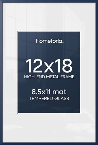 Image of Homeforia 12x18 Picture Frame Navy Blue, High End Metal 12x18 Poster Frames with Mat 8.5x11 in Photo, 12 x 18 Navy Blue Frame Matted to 8.5 by 11 Print, 18x12 Frame, Tempered Glass, Wall Kit, Set of 1
