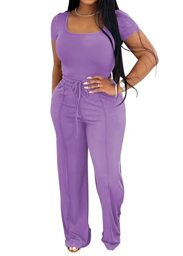 PINSV Women's 2 Piece Outfits Lounge Short Sleeve Tops High Waisted Wide Leg Pants Tracksuit Sets4