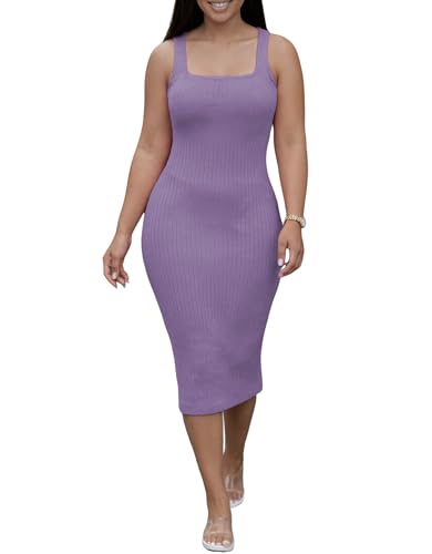 Image of TOPSRANI Women Sexy Midi Dress Bodycon Casual Sleeveless Basic Ruched Tank Summer Club Party Dresses