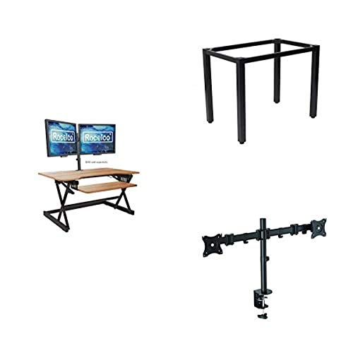 Rocelco 40" Large Height Adjustable Standing Desk With Floor Stand And Double Monitor Mount Bundle | Quick Sit Stand Up Tabletop Riser | Retractable Keyboard Tray | Teak/Black (R Dadrt-40-Fs-Dm2) #TOP12
