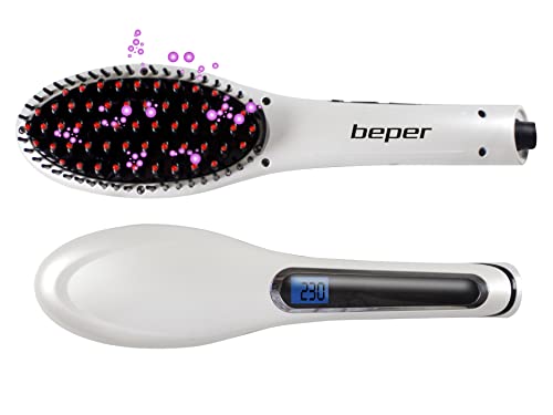 BEPER 40.926 Cepillo alisador 2 en 1 Cerámica, Tecnología iónica, Pantalla LCD, Temperatura ajustable, Cable giratorio de 360 °, Cabello sedoso sin frizz, blanco