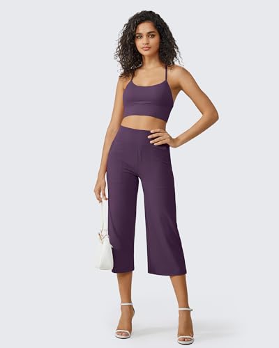 Image of G4Free Capri Pants for Women Wide Leg Yoga Dress Cropped Pants Capri Leggings with Pockets for Casual Summer
