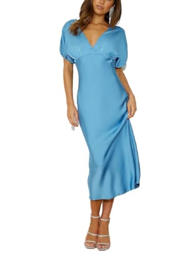 Image of Summer Satin V Neck Puffy Sleeves Empire Waist Midi Dresser Silk Sexy Tie Back Formal Cocktail Dresser for Women Wedding