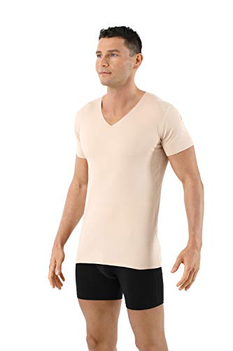 Men's Laser Cut Invisible Seamless v-Neck Undershirt Short Sleeves Stretch Cotton Nude Beige2