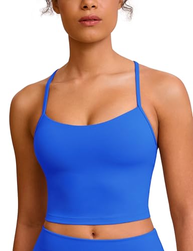BAYDI Clouduxi Y Back Crop Tank Tops for Women - Thin Strap Padded Workout Yoga Longline Sports Bras Electric Blue