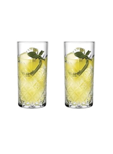 Premium Cut Crystal Highball Glass 330 ML Set of 2, Tall Drinking Tumblers for Iced Tea, Water, Cocktails, Mojitos & Elegant Barware Set