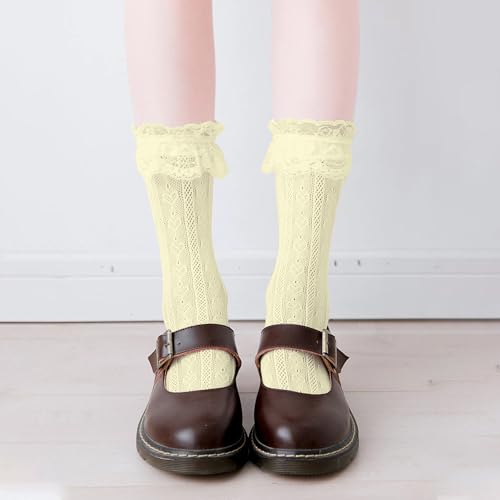 Image of Women Lace Ruffle Socks White Black Frilly Lolita Crew Dress Socks | Womens Ankle Lacy Ruffled Socks Adult Cute Soft Cotton Thin Sexy Mesh Lace Trim 80s Casual Church Socks for Ladies Big Girls