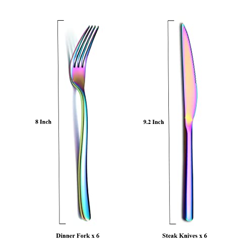 Set Di Coltelli Da Bistecca 12 Pezzi,Set Di 6 Forchette E 6 Coltello Da Tavola In Acciaio Inossidabile Premium,coltelli da bistecca forchette da bistecca per 6 persone (Colorato Lucido) - immagine 3