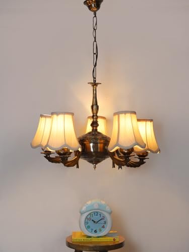 Image of Devansh 05-Light Conical Off-White Cotton Shade Chandelier - Antique Golden Finish | Adjustable Cord | Warm Glow Lamp - Ceiling Light for Living Room, Dining Area, Bedroom & Entryway Decor - D12
