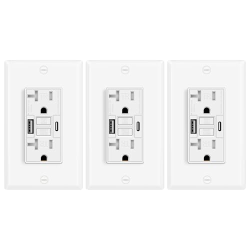 3 Pack 20A GFCI Outlet with USB A&amp;C Ports, Self-Test TR White