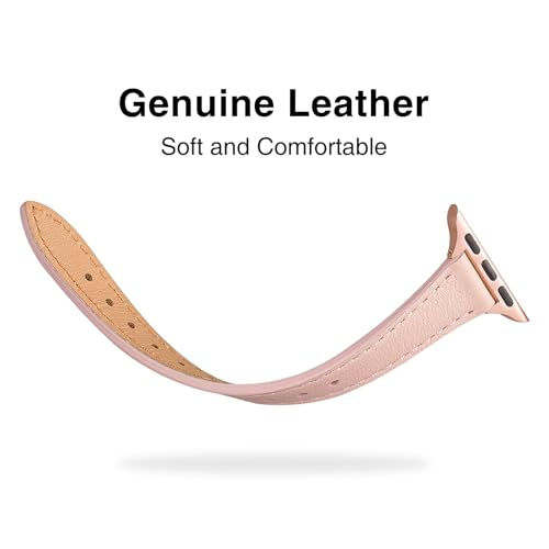 Image of STIROLL Slim Leather Bands Compatible with Apple Watch Band 49mm 46mm 45mm 44mm 42mm(Series 3 2 1), Top Grain Leather Thin Wristband for iWatch Ultra SE Series 11 10 9 8 7 6 5 4 (Pale pink Rose Gold)