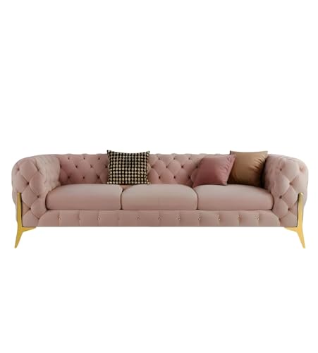 Image of A to Z Furniture Modern Classic Fabric & Valvet Tufted Chesterfield Sofa Living Room and Office (3+1= 4 Seater Sofa Set with Footrest Pink)