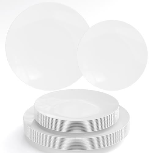 Trendables Plastic Dinnerware Set - 40 Piece Disposable Plates for Party Set - 20 Guests, 20 X 8 Dessert Plates & 20 X 10 Heavy Duty Plates | White