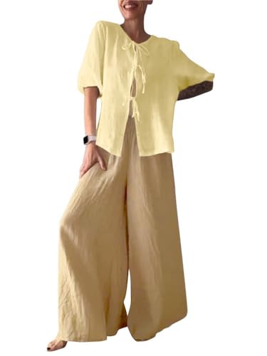 Ensemble en lin femme 2 pièces d'été pantalon large taille haute et t-shirt fluide chic