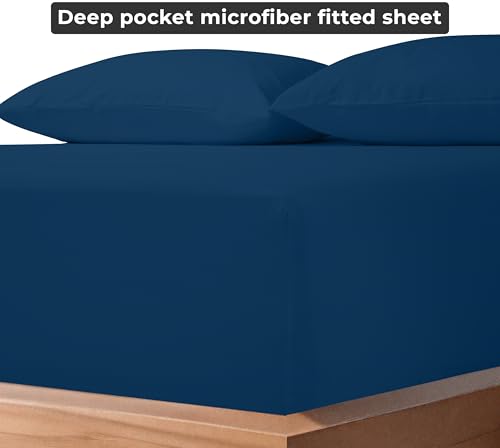 Image of Royale Linens Fitted Sheet King - Ultra Soft 1800 Brushed Microfiber - Hotel Luxury Bottom Sheets - Wrinkle Free & Fade Resistant - Deep Pocket Fitted Sheet Only (King, Navy)