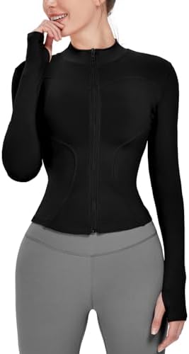 Locachy Women's Lightweight Stretchy Workout Full Zip Running Track Jacket with Thumb Holes, Black, Medium