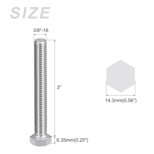 Image of METALLIXITY Hex Head Bolts (3 /8-16 x 3) 8Pcs, 304 Stainless Steel, Silver