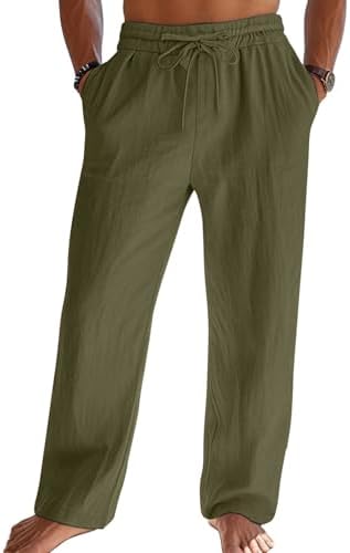 Litthing Leinenhose Herren Leichte Sommerhose mit Tunnelzug Elastisch Bund | Lässige Hosen Lang Herren Loose Fit, Leinen Freizeithose Weit mit Seiten- und Gesäßtaschen für Urlaub,