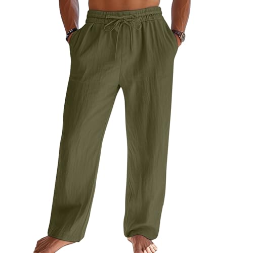 Litthing Mens Linen Trousers Cotton Summer Casual Pants Loose Fit Lounge Elasticated Waist Drawstring Trousers Lightweight Bottoms with Side & Back Pockets for Holiday Summer Beach Green