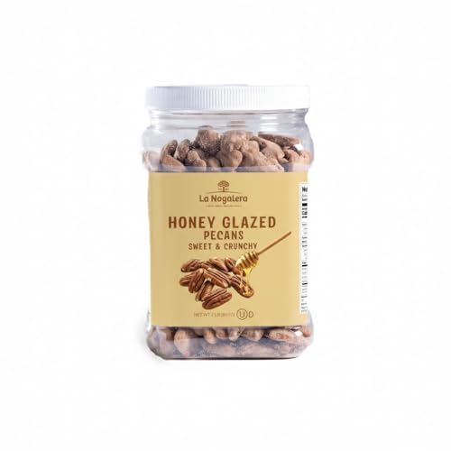 Image of Honey Galzed Pecans Jar 2 lbs. Caramelized Pecans with Real Honey, Crunchy & Sweet Roasted Nuts Snack in Resealable Jar. Gourmet Glazed Pecan Halves by La Nogalera in a 2 pound resealable jar