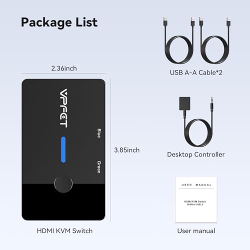 8K@60Hz HDMI KVM Switch 1 Monitors 2 Computers, KVM Switches 2 Port for 2 Computers Share Keyboard Mouse and one HD Monitor, with Desktop Controller and 2 USB Cables - Thumbnail 7