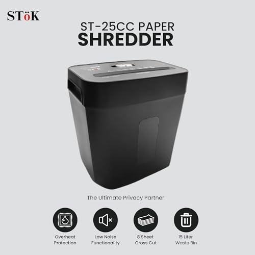 Image of SToK (ST-25CC) 8-Sheet Cross-Cut Paper Shredder for Home & Office, P-4 High Security Level, Quiet Credit Card Shredder with Jam Proof System, 15 Liter Bin Capacity (One Year Offsite Warranty)