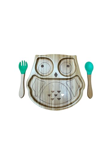 Baby & Toddler Bamboo Suction Plate Set for Feeding and Weaning - Green Owl Design by Bamboo Gift Company